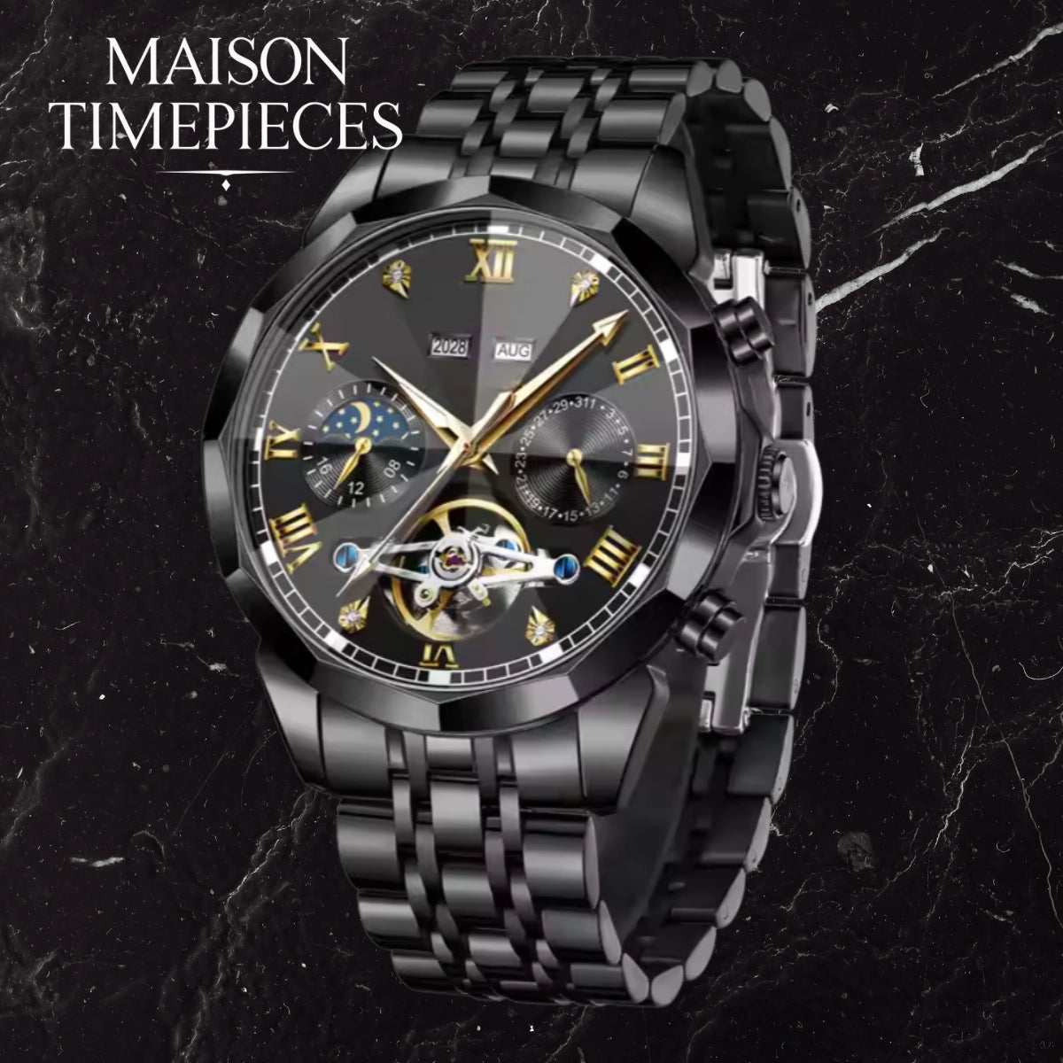Black wristwatch with detailed face on a dark marble background, featuring 'MAISON TIMEPIECES' text.