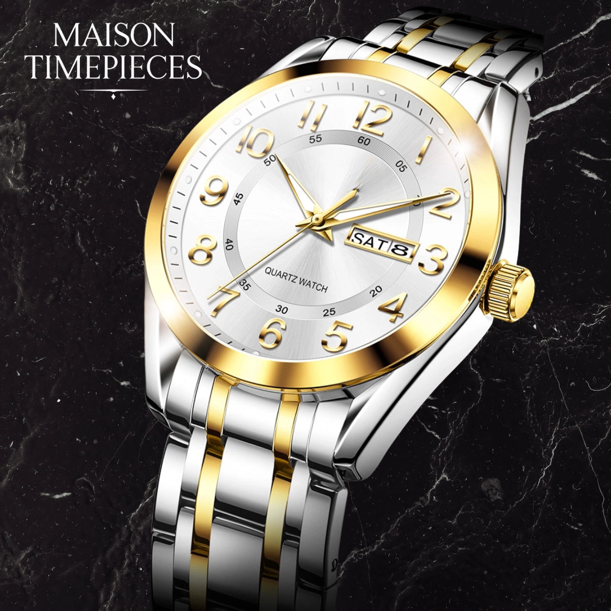 Luxury watch with gold and silver band on a dark marble background, featuring 'Maison Timepieces' branding.