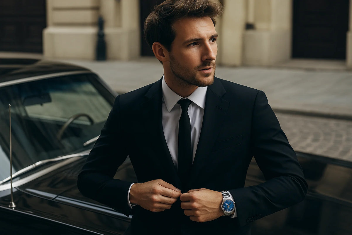 Man wearing a luxury men’s watch in Singapore, dressed in a suit near a car in an urban cityscape