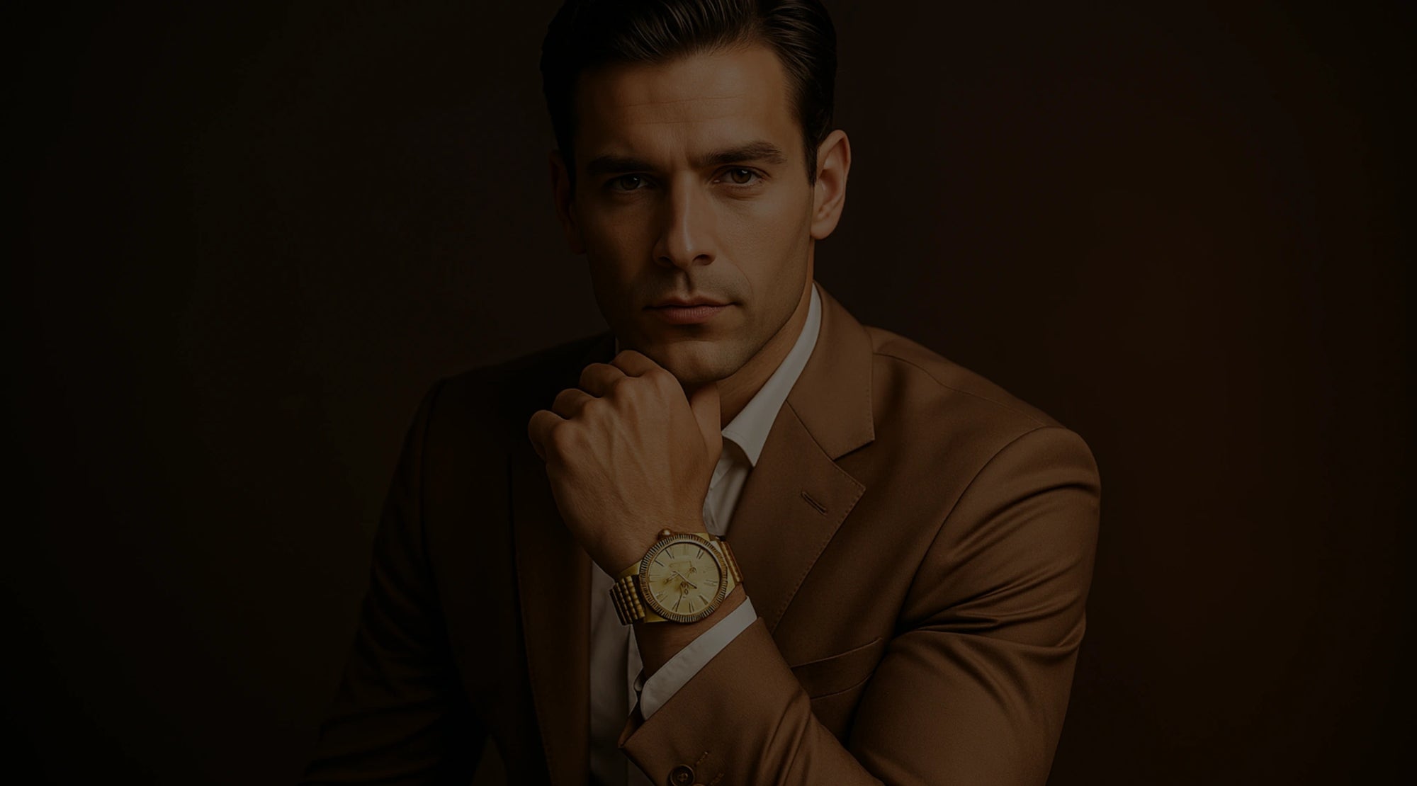 Man wearing a brown coat and watch against a dark background