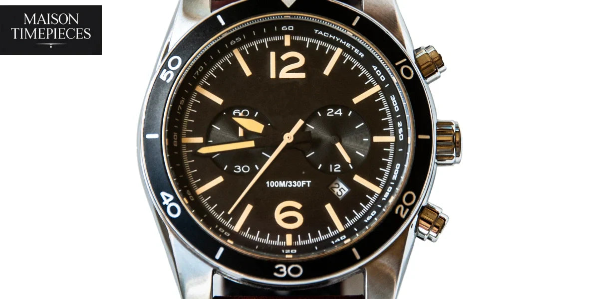 “Lacoste-style sporty chronograph watch close-up with bold markers and tachymeter bezel”
