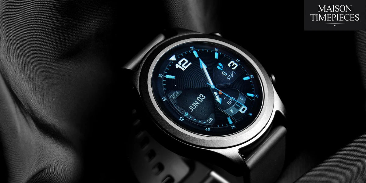 "Alba-style modern men’s watch with luminous blue dial by Maison Timepieces"