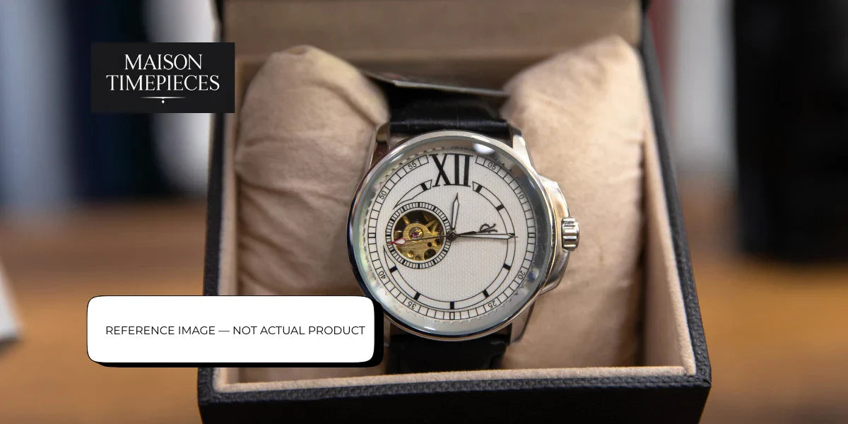 Angelus style luxury mechanical watch with open balance and Roman numeral dial displayed in presentation box – reference image for Swiss horology in Singapore