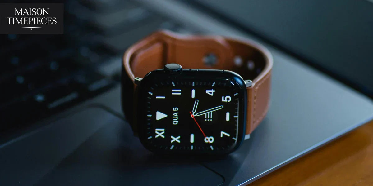 Apple Watch with leather strap on laptop desk – Apple Watch Singapore buying guide
