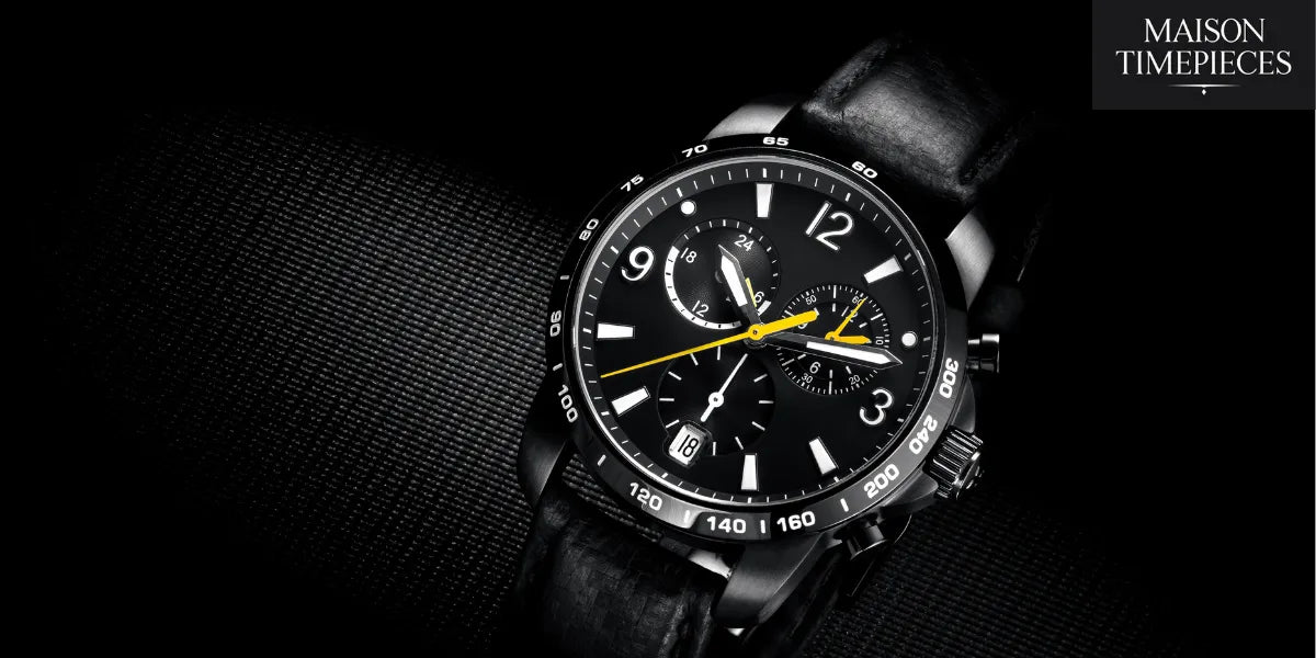 “Black luxury chronograph wristwatch with yellow accents on leather strap — photographed for Maison Timepieces.”