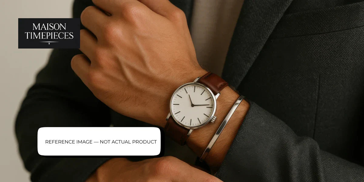 Arnold & Son style luxury dress watch on wrist with brown leather strap, minimalist dial, Maison Timepieces Singapore reference image
