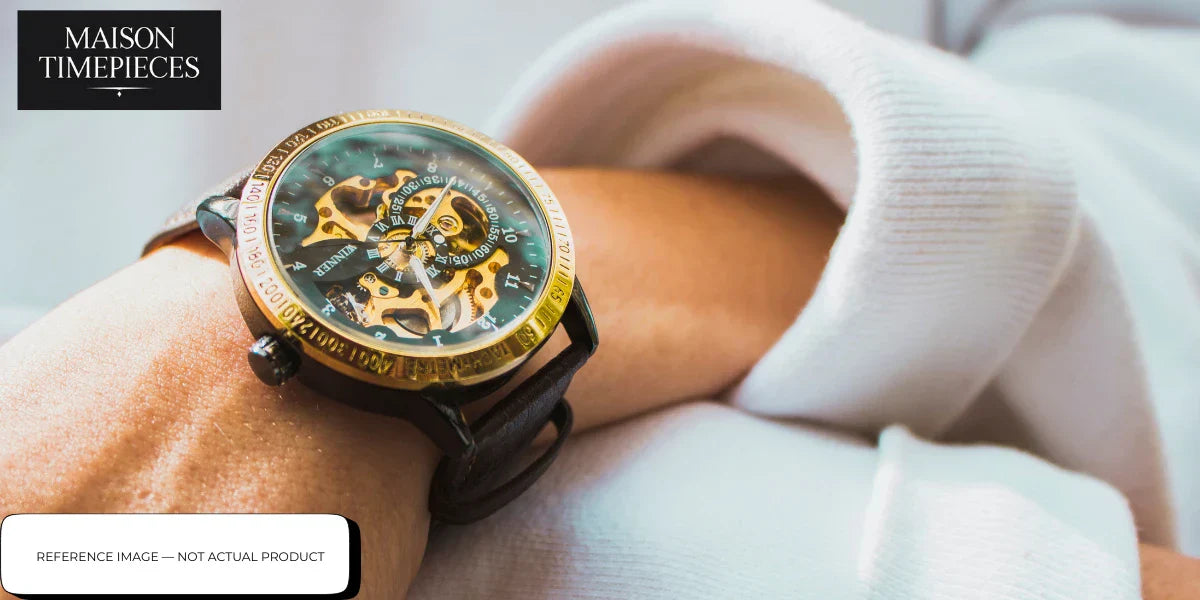 Balmain watch Singapore Swiss luxury timepiece with skeleton dial and leather strap worn on wrist