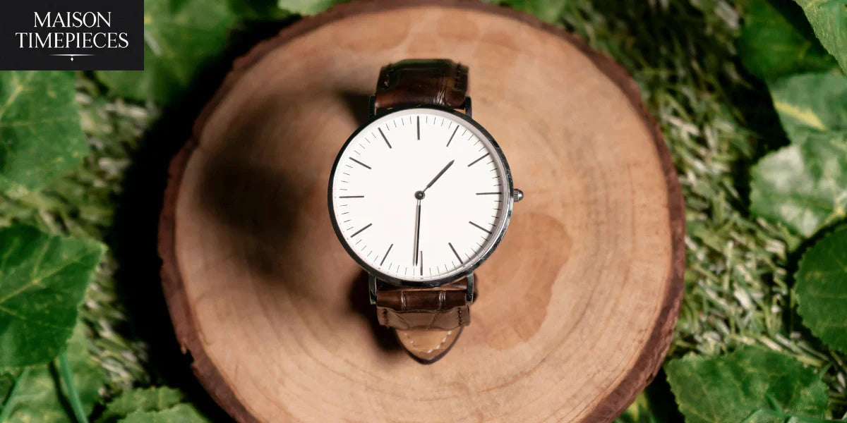 Elegant Baume & Mercier style wristwatch with brown leather strap on wood surface – Maison Timepieces