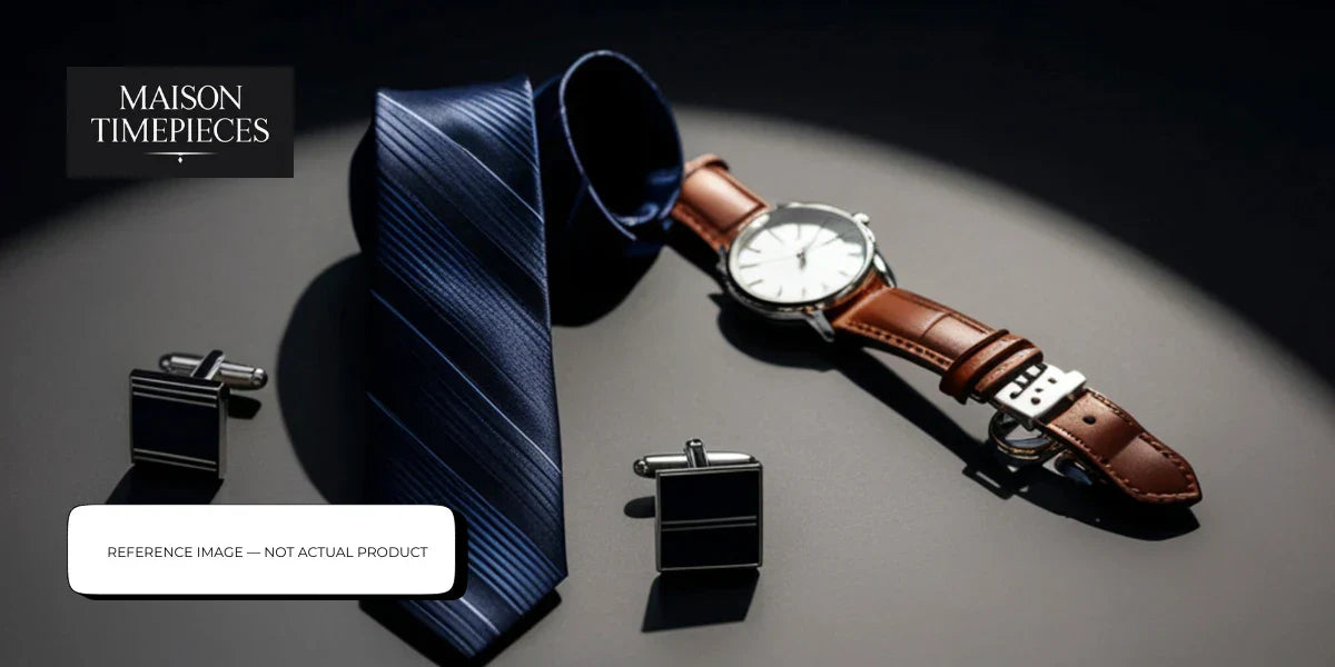 Benrus watch Singapore luxury dress watch with leather strap tie and cufflinks styled for executive elegance