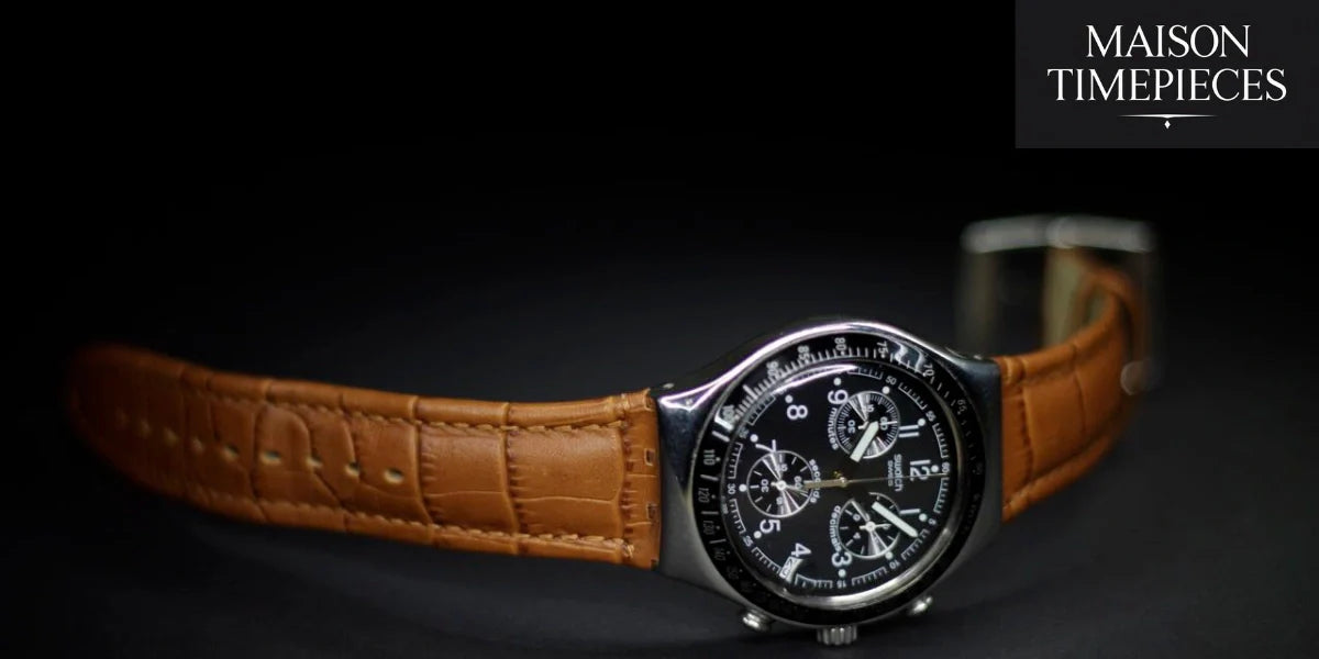 Best luxury watches for men – Maison Timepieces brown leather strap chronograph on black background