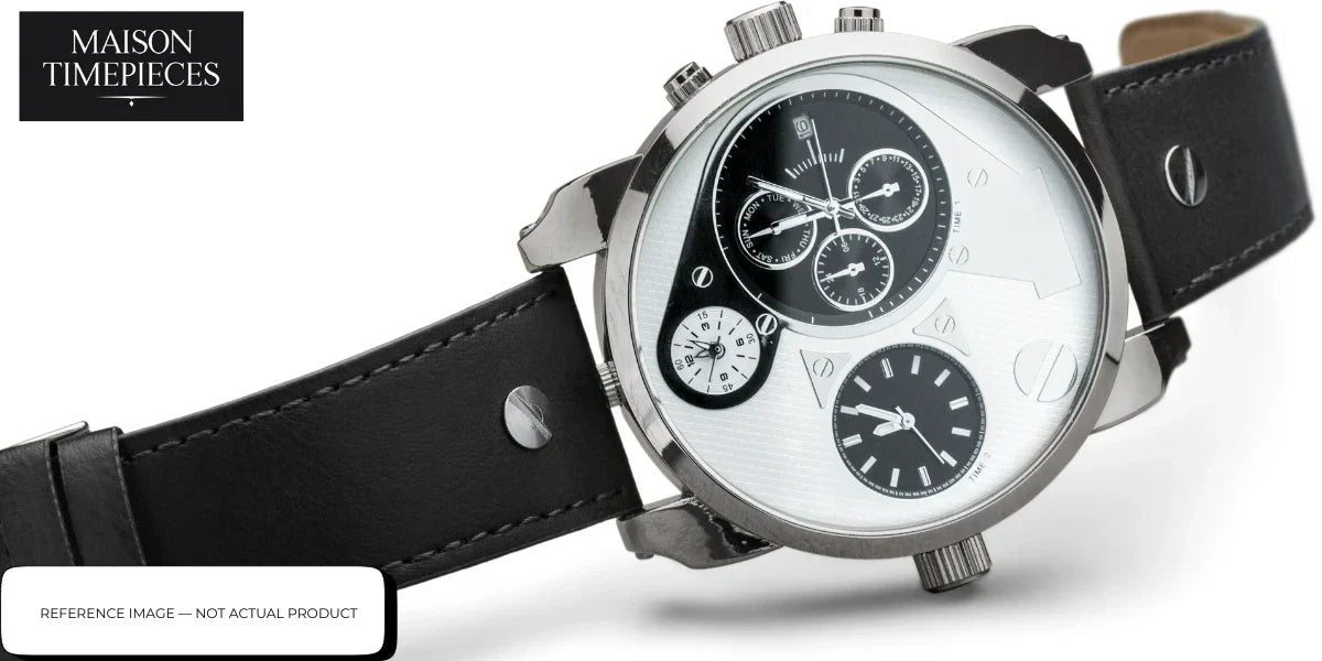 Boldr watch Singapore titanium field chronograph with multi sub dial layout and black leather strap on white background