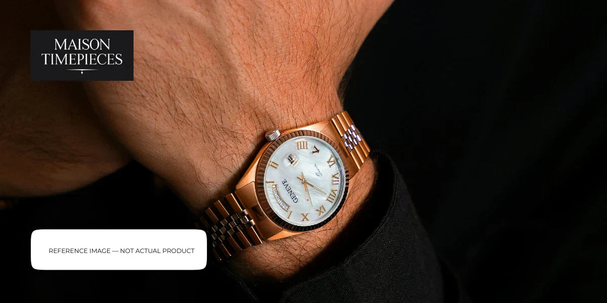 Brew watch Singapore rose gold luxury wristwatch with Roman numeral dial and integrated bracelet on wrist