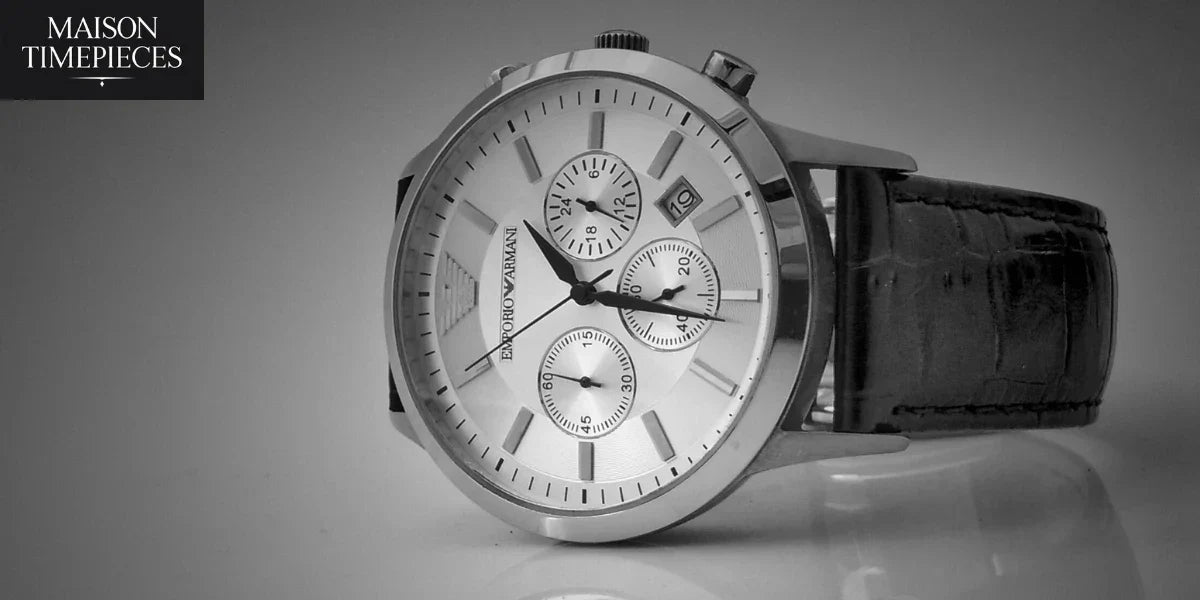 Close-up of Bulova men watch with silver dial and leather strap by Maison Timepieces Singapore