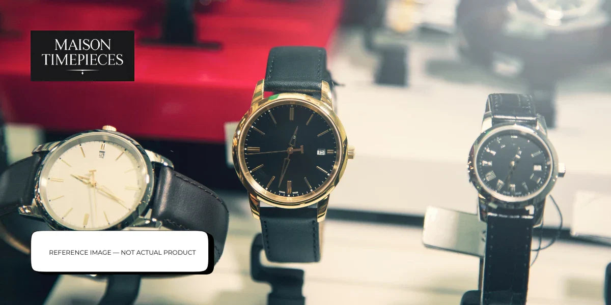 Bulova watch Singapore luxury men watches display with black leather strap and gold case at Maison Timepieces showroom 