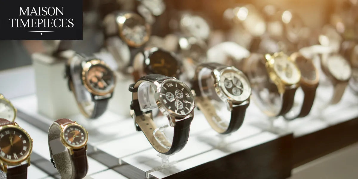 Luxury men’s watches displayed in a showcase — Maison Timepieces Singapore