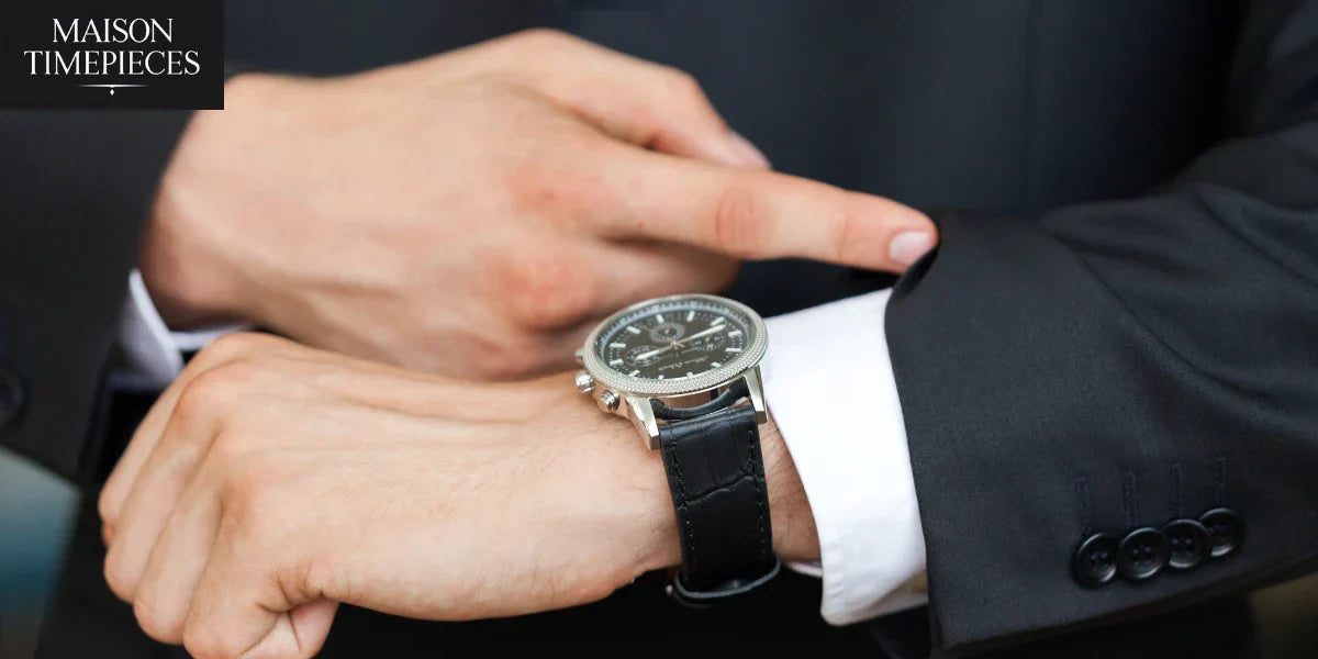 Man adjusting suit cuff while wearing luxury men’s watch in Singapore