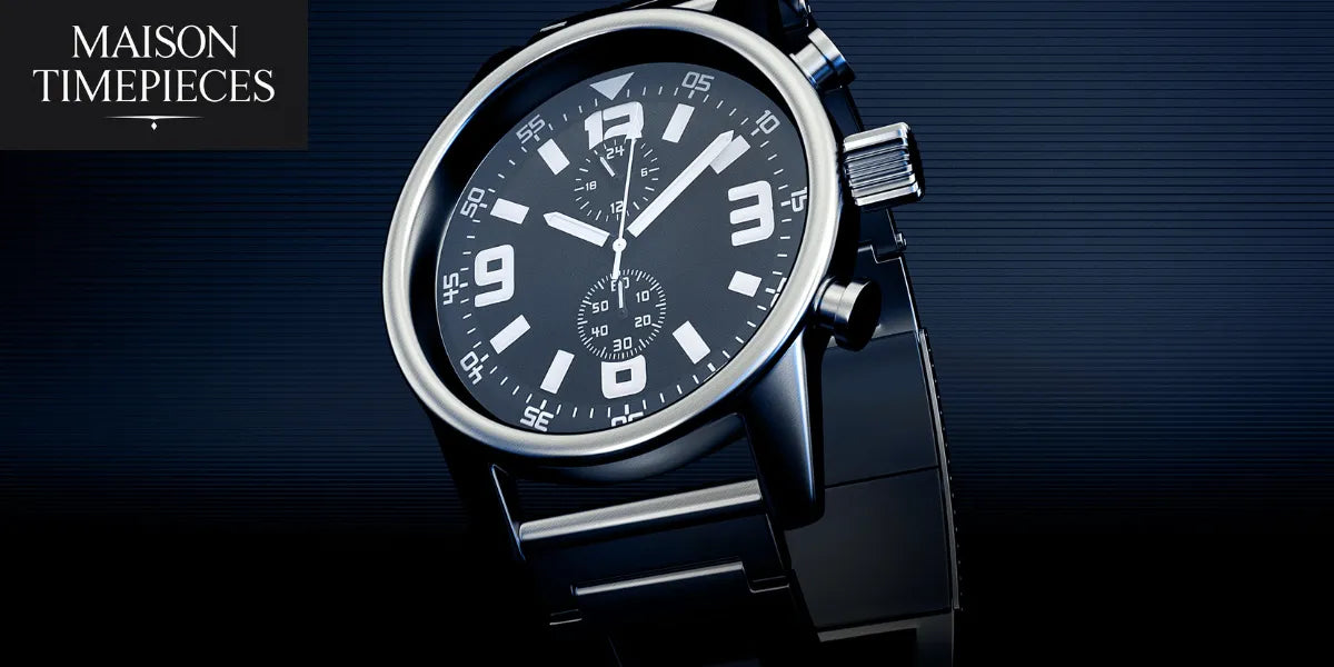 Close-up of a luxury black and silver chronograph men's watch — Maison Timepieces Singapore