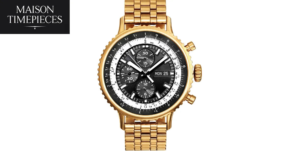 Gold chronograph men's watch with black dial on a white background — Maison Timepieces