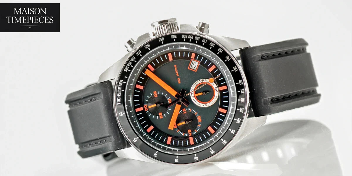 “Calvin Klein style men’s chronograph watch with black and orange dial on rubber strap – Maison Timepieces Singapore”