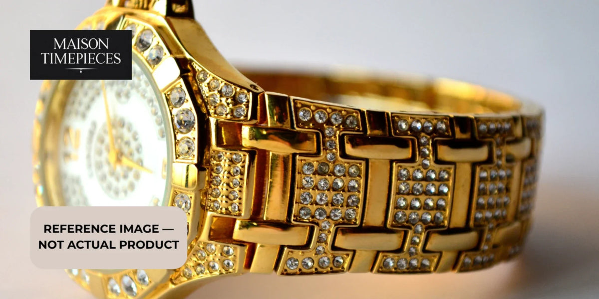 Cartier Tank Asymétrique Watch Singapore luxury gold watch editorial image with diamond-inspired detailing and Maison Timepieces branding 