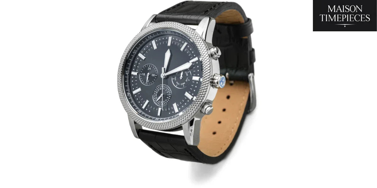 “Black leather-strap chronograph watch with textured bezel on white background – Maison Timepieces”