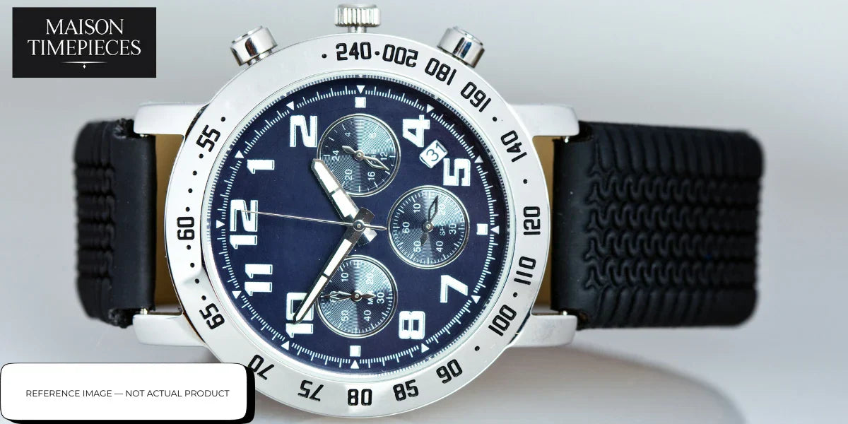 cerruti 1881 watch singapore chronograph blue dial stainless steel case black rubber strap luxury designer watch close up 