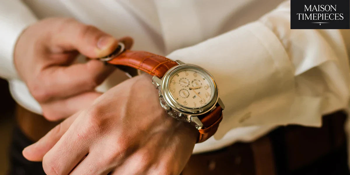“Close-up of a man fastening a brown leather-strap chronograph watch – Maison Timepieces”