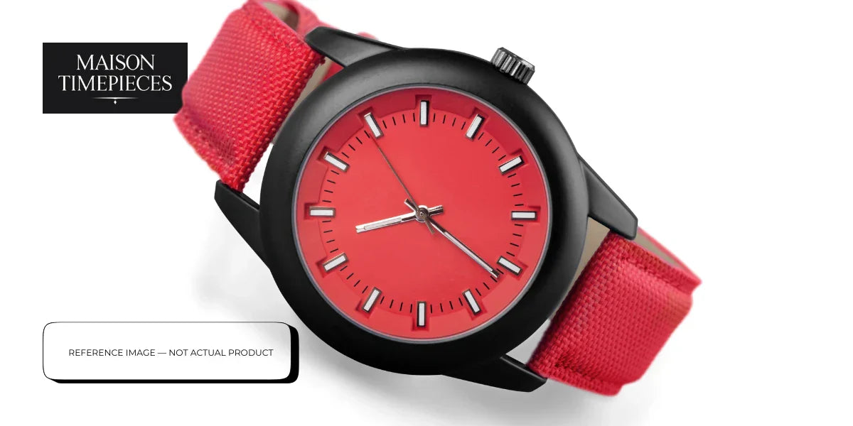 CWC watch Singapore red dial military style watch with black case and red fabric strap luxury timepiece reference image 