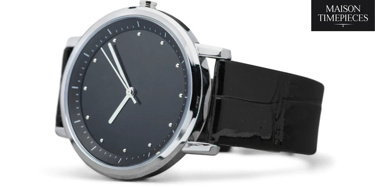 "Daniel Wellington-style minimalist black dial watch with leather strap – Maison Timepieces product photo"