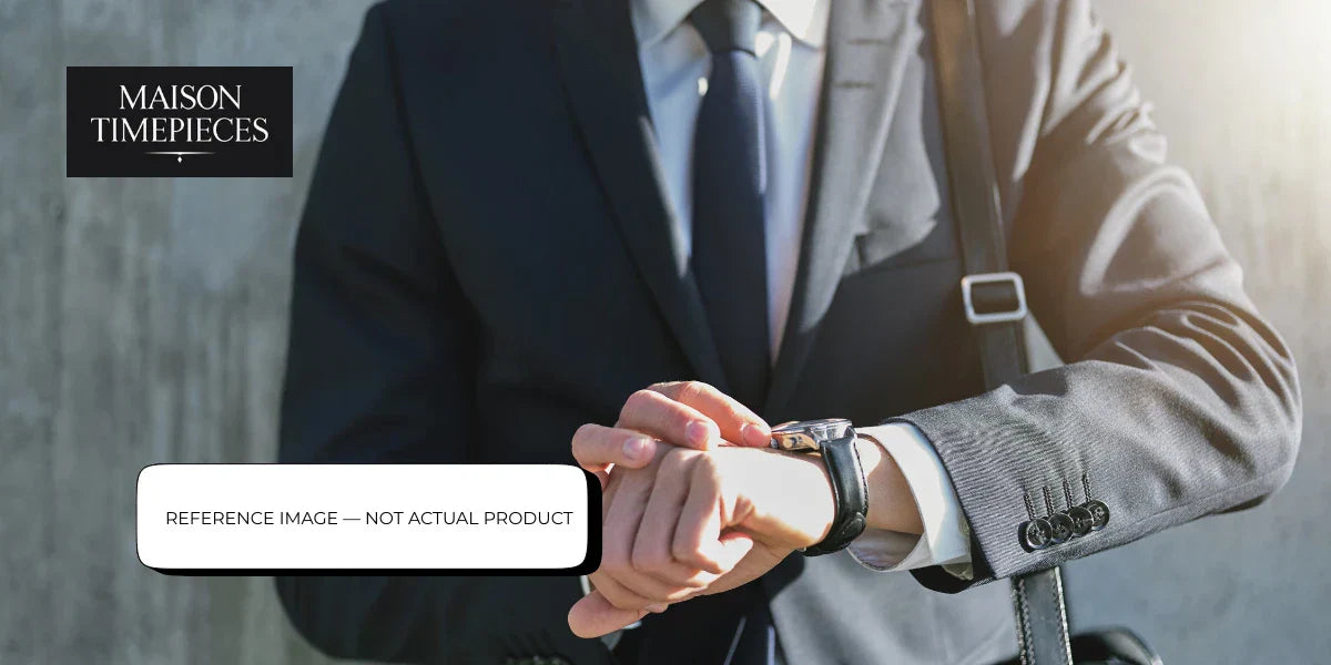 DeWitt luxury watch worn with a formal suit, showcasing independent Swiss haute horlogerie style in Singapore