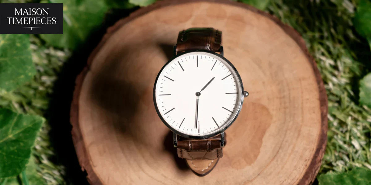 "Diesel-style men’s watch on leather strap displayed on wood surface – Maison Timepieces Singapore"