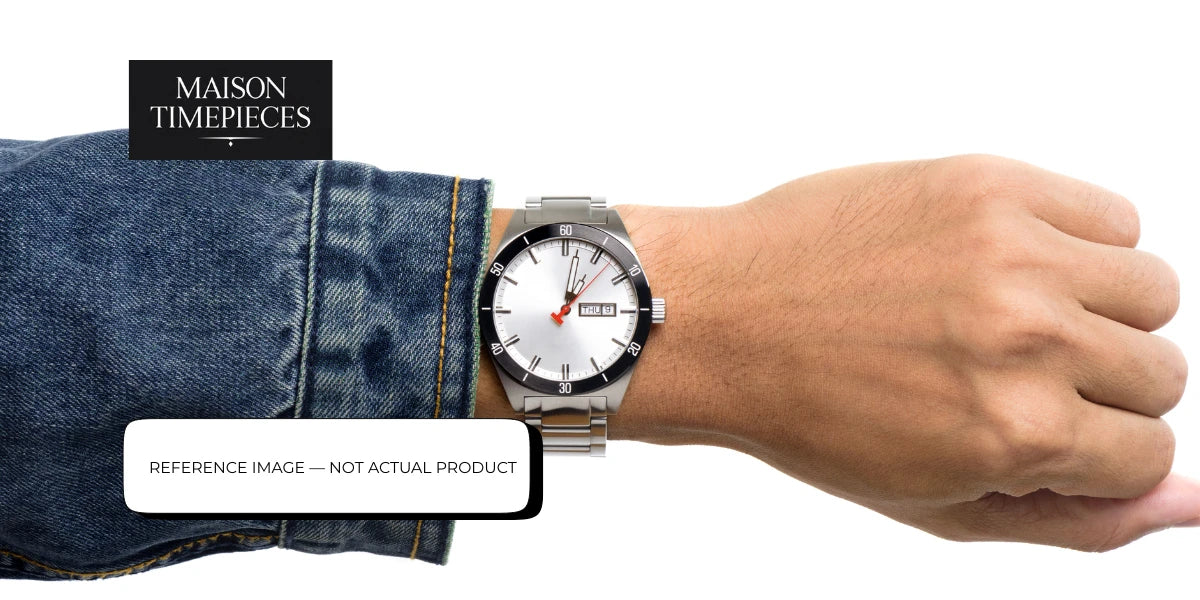 Eterna Swiss watch on wrist showcasing classic stainless steel design in Singapore