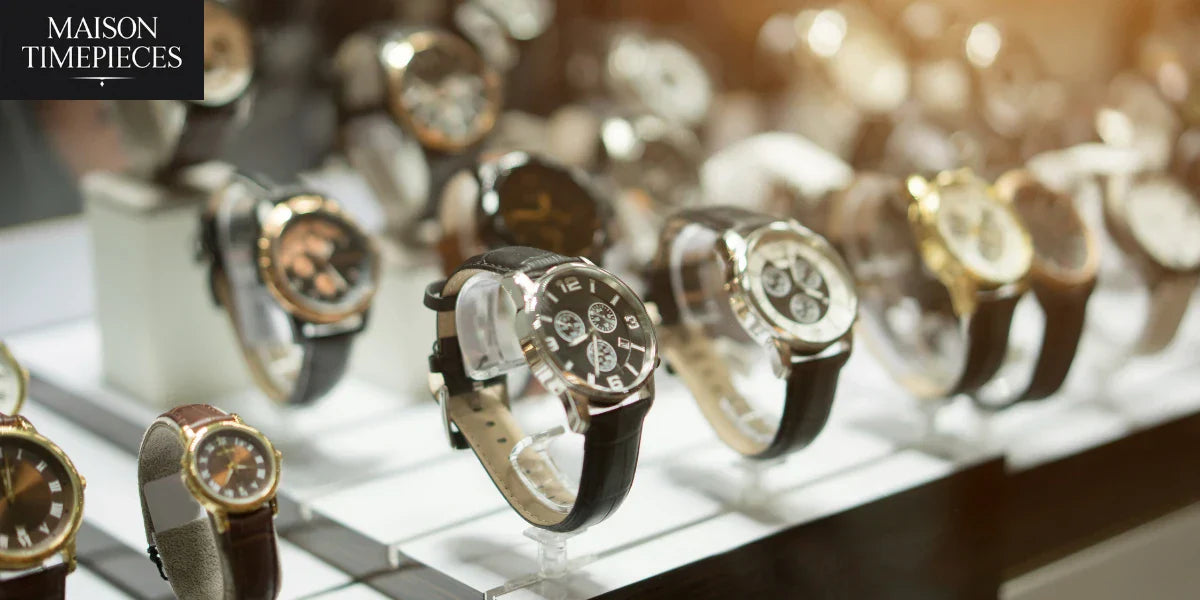Fossil men watches display at Maison Timepieces Singapore — elegant chronograph and leather strap timepieces.
