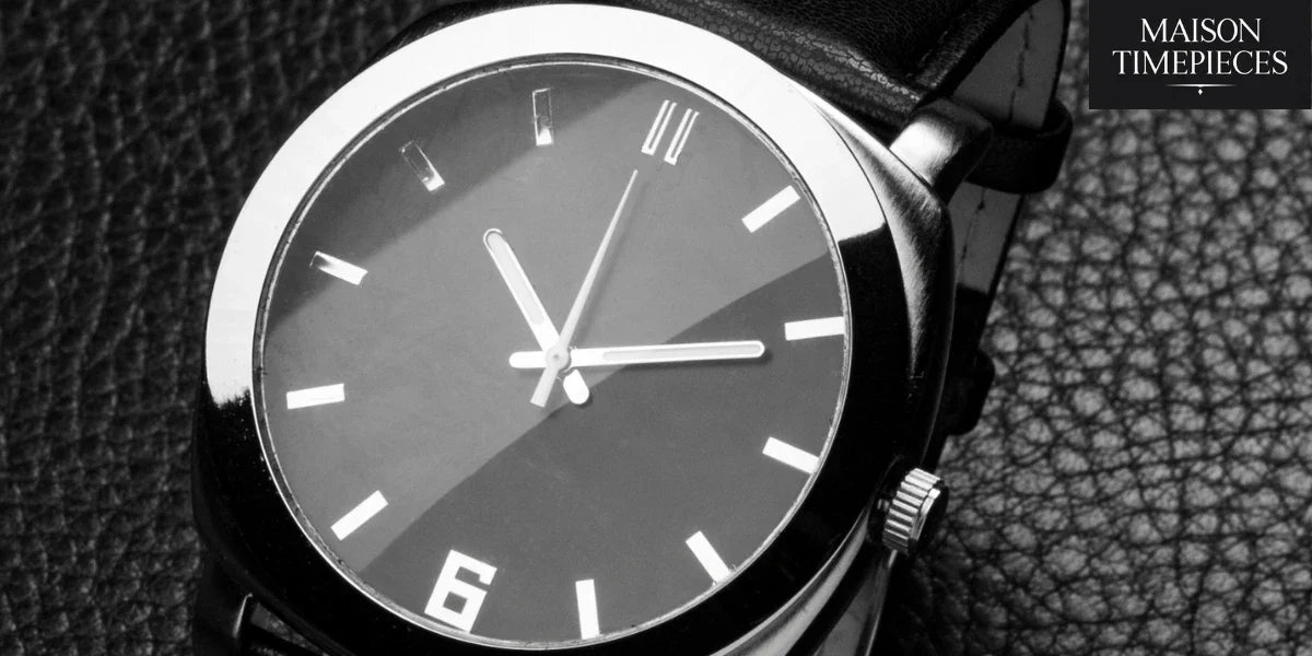 "Close-up black dial Fossil-style minimalist watch on leather surface — Maison Timepieces product image"