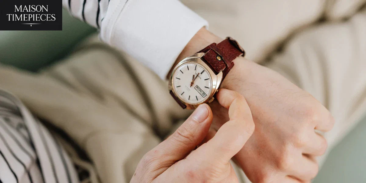 Franck Muller luxury watch with brown leather strap on wrist – Maison Timepieces Singapore