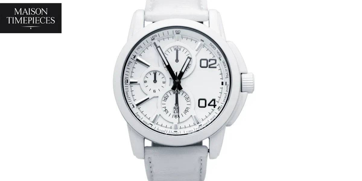 Garmin watch with white dial and leather strap showcasing performance chronograph design by Maison Timepieces