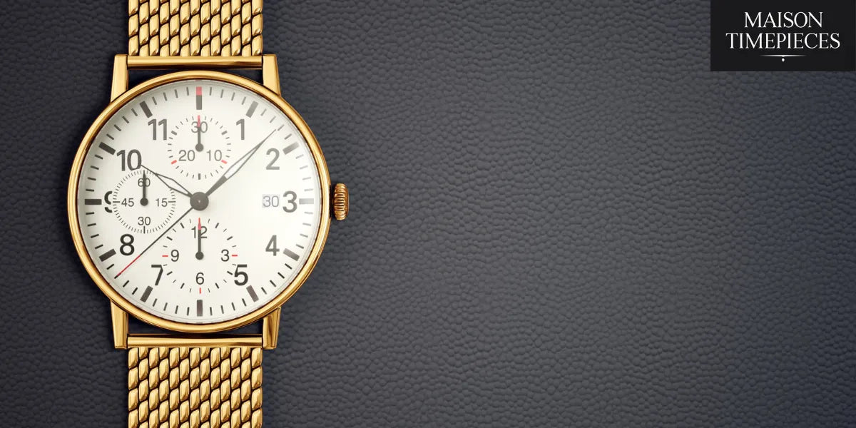 “Elegant gold men’s wristwatch with white chronograph dial on dark textured background — photographed for Maison Timepieces.”