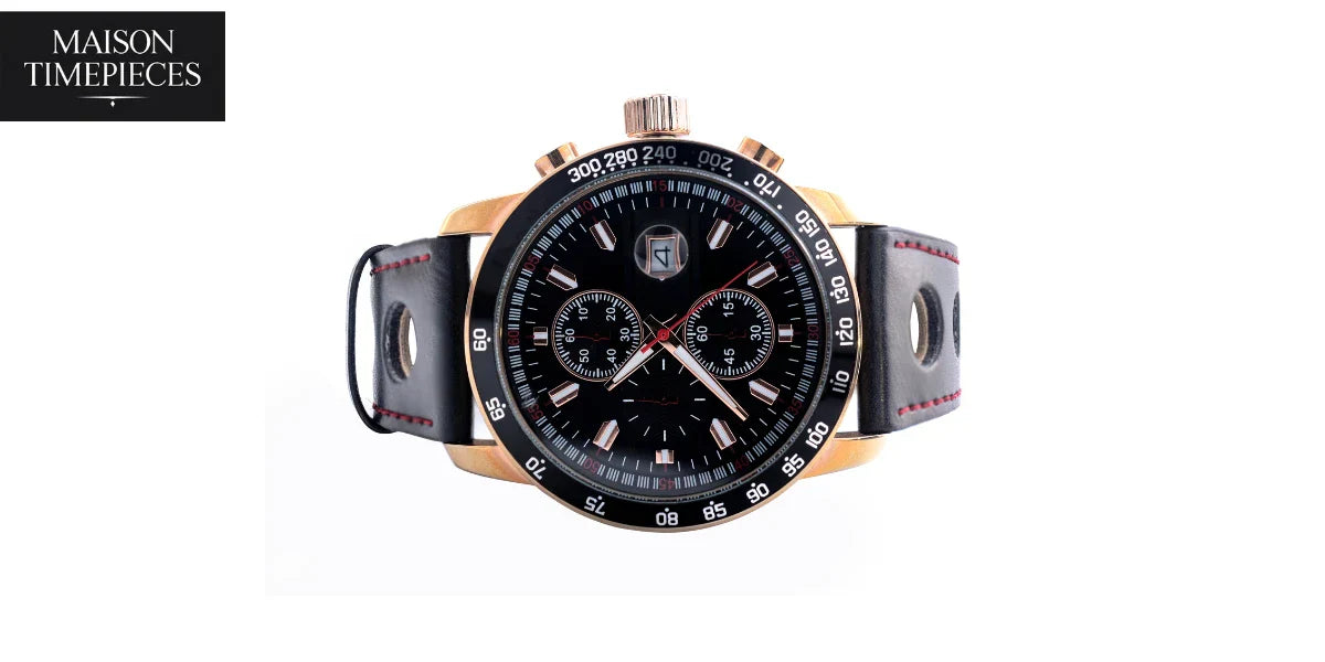 Glycine Swiss chronograph watch with black dial and leather strap showcasing tool watch design