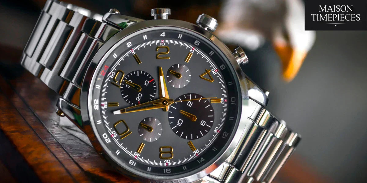 “Stainless steel chronograph watch with gold-accented markers on a reflective bracelet – Maison Timepieces”