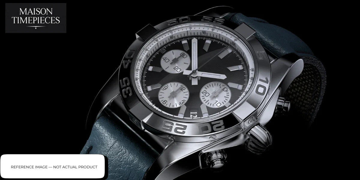 Gruppo Gamma chronograph watch close-up with black dial stainless steel bezel and leather strap on dark background