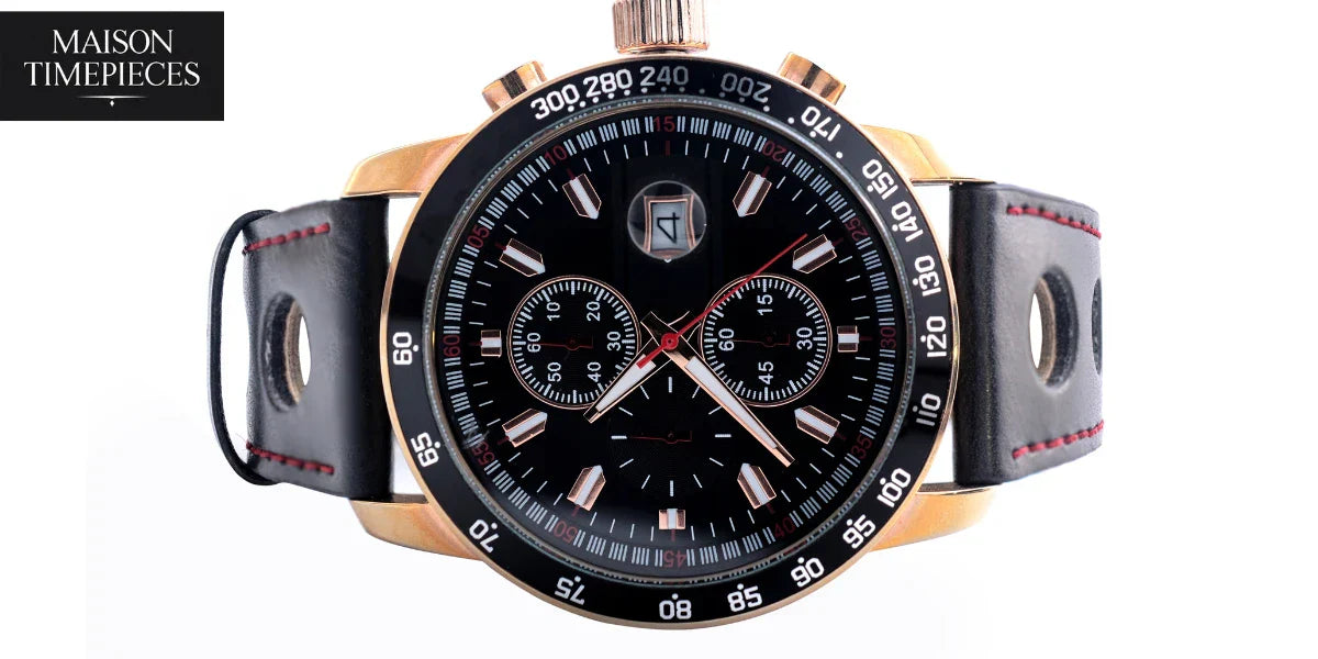 “Close-up of a stylish Guess-style chronograph men’s watch with black dial and leather strap – Maison Timepieces Singapore”