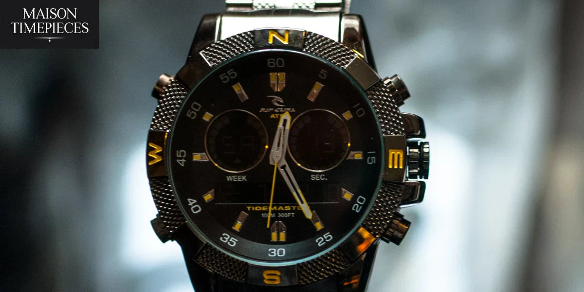 Close-up of Hamilton men watch dial with black and gold details by Maison Timepieces Singapore