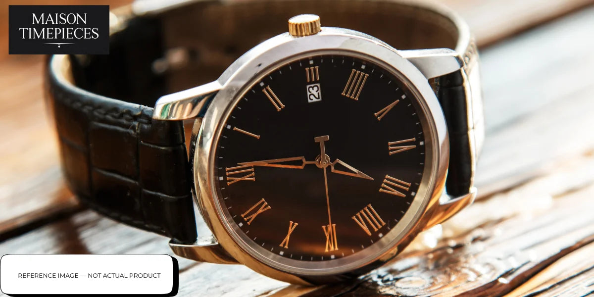 luxury watch close up black dial roman numerals leather strap craftsmanship quality watch materials movement finishing guide singapore 