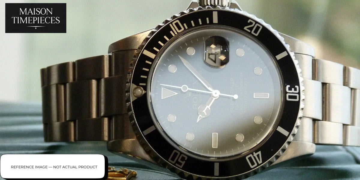 HyperGrand stainless steel dive style watch with black bezel and minimalist dial on metal bracelet close-up