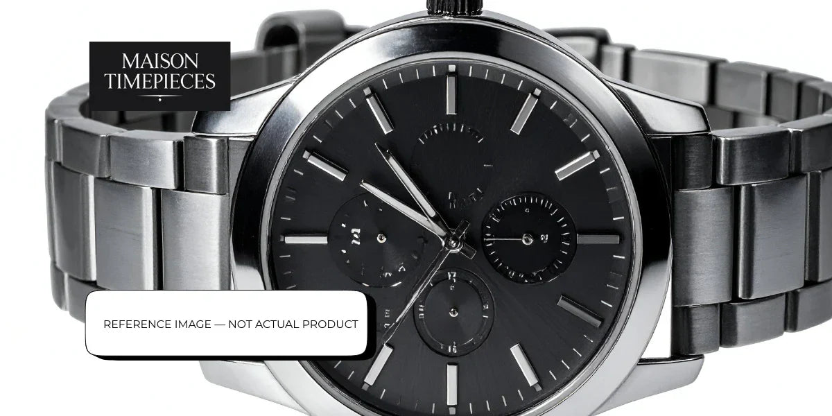 HYT style luxury mechanical watch with black dial and stainless steel bracelet – reference image showcasing modern liquid-inspired horology in Singapore