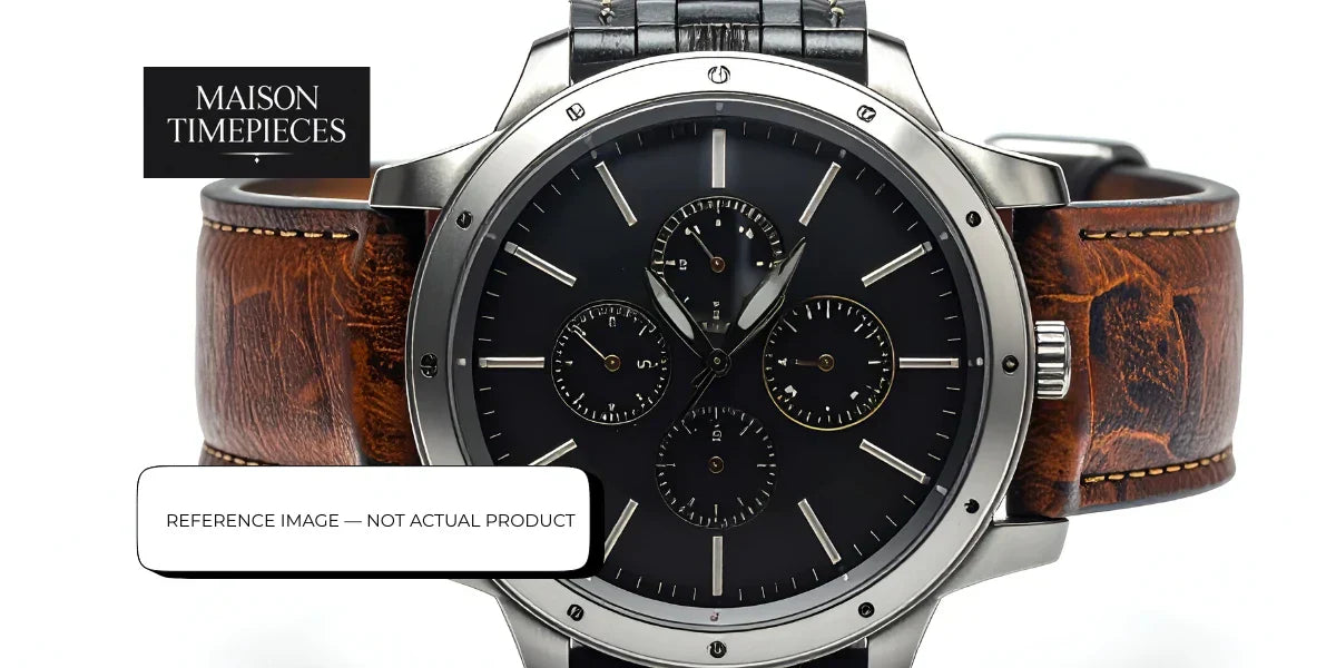 Kari Voutilainen style luxury chronograph watch with black dial and leather strap – reference image for independent haute horology in Singapore