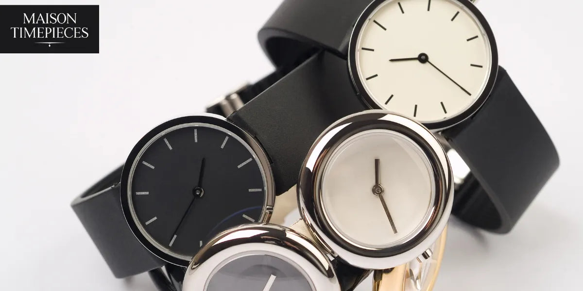 "Kenneth Cole style minimalist black and white watches stacked together – Maison Timepieces"