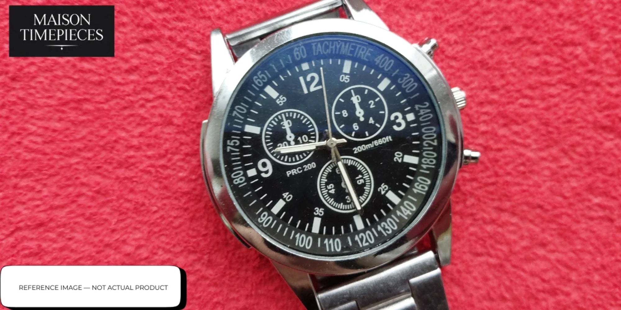 LIV watch Singapore chronograph black dial stainless steel sports design with tachymeter bezel close-up on red background