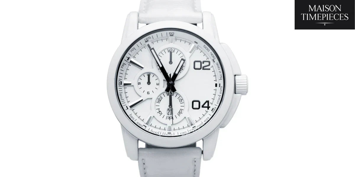 "Lorus style white chronograph men’s watch with modern dial by Maison Timepieces"