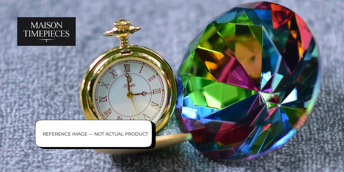 Luxury Louis Vuitton-inspired watch displayed with colorful crystal, highlighting refined design in Singapore